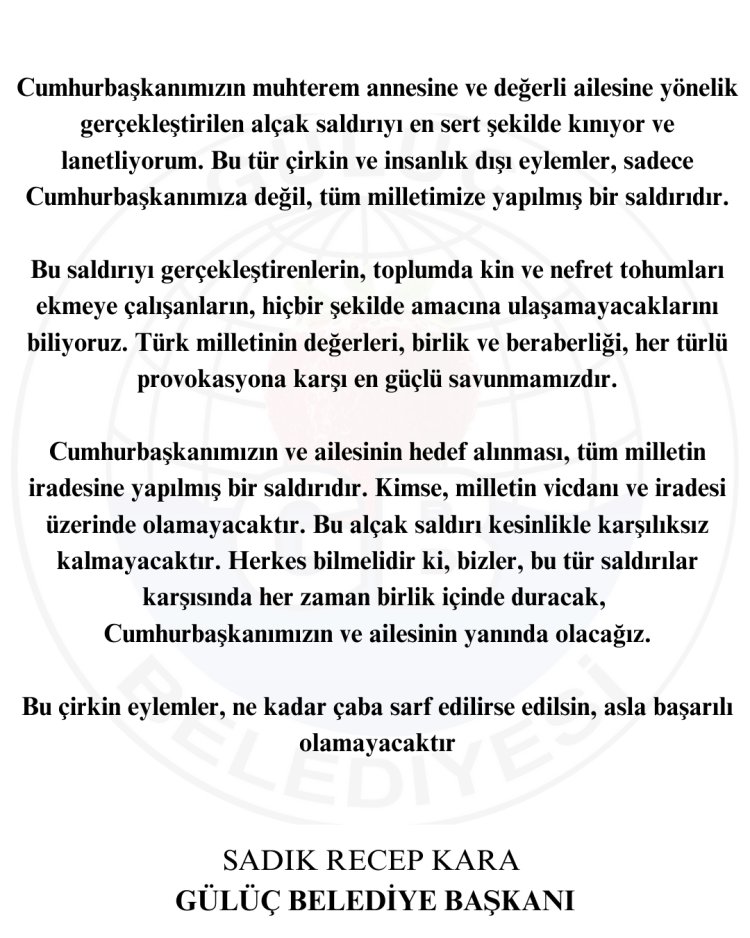 CUMHURBAŞKANIMIZIN MUHTEREM ANNESİNE VE AİLESİNE YAPILAN ALÇAK SALDIRIYI EN SERT ŞEKİLDE KINIYORUZ...