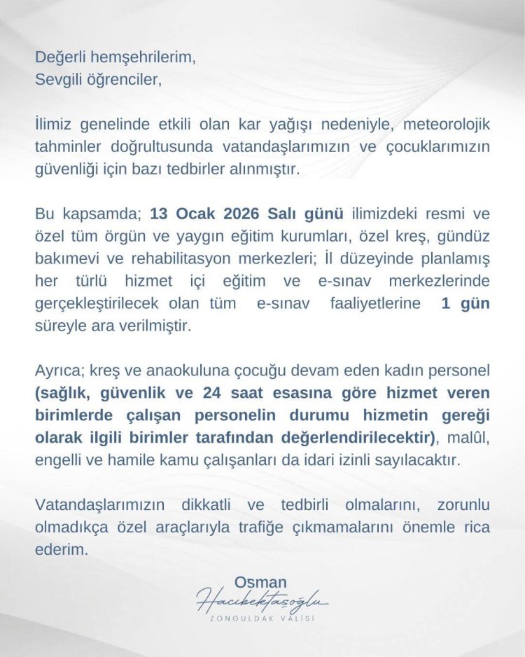 ZONGULDAK VALİLİĞİNDEN DUYURULUR...